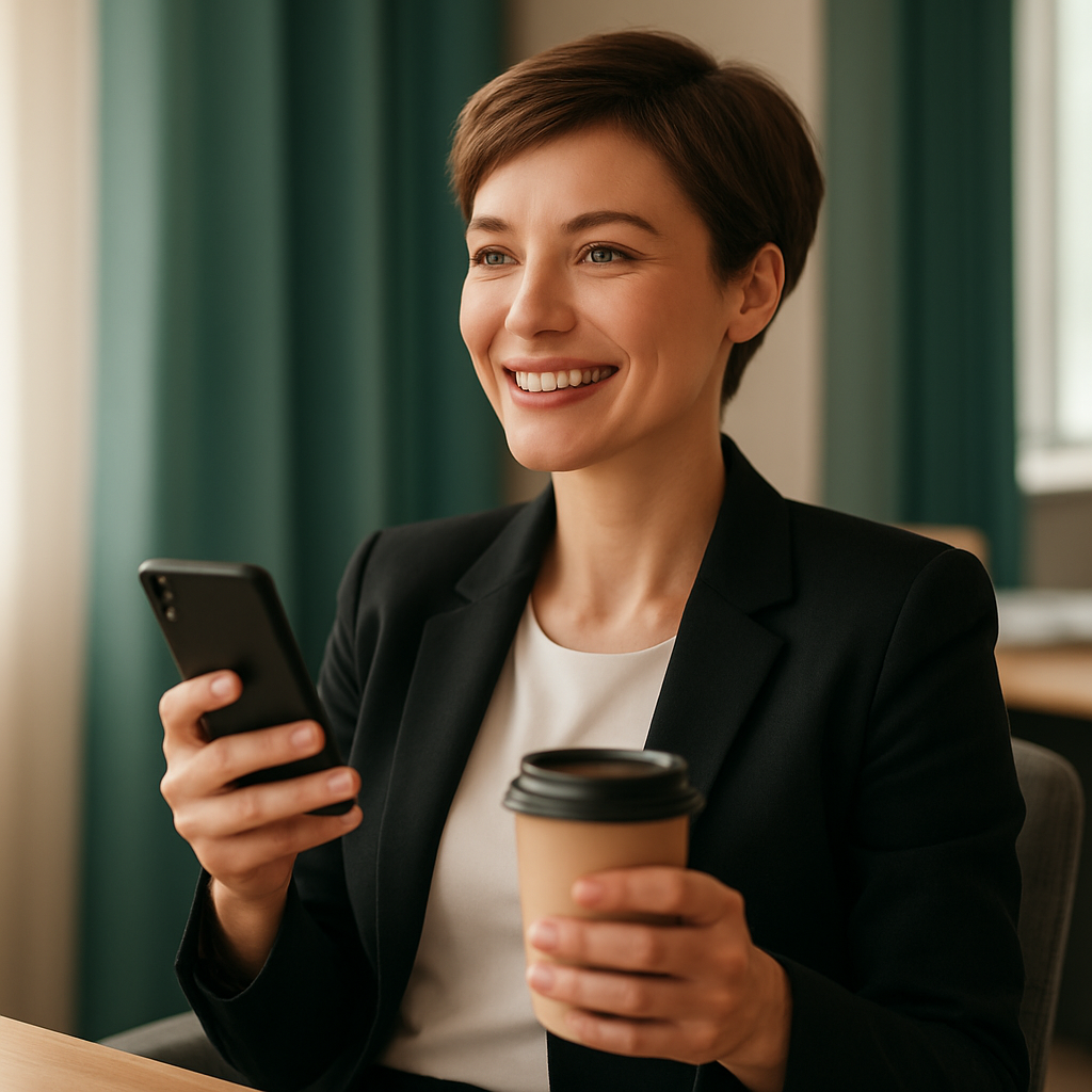 A professional reviewing work on her phone over coffee